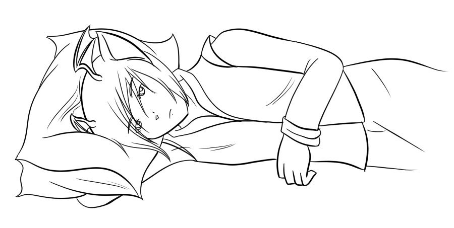 Sakin during a moment of calm, resting in a bed during one of the few times I got to roleplay him.