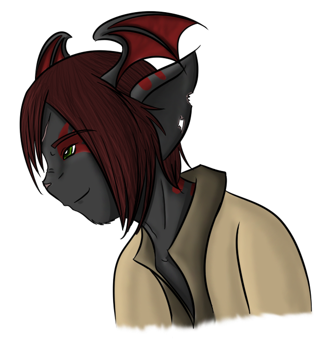 My first idea of Sakin, with lots of maroon and dark greys, battered from getting into many scuffles with folks.
