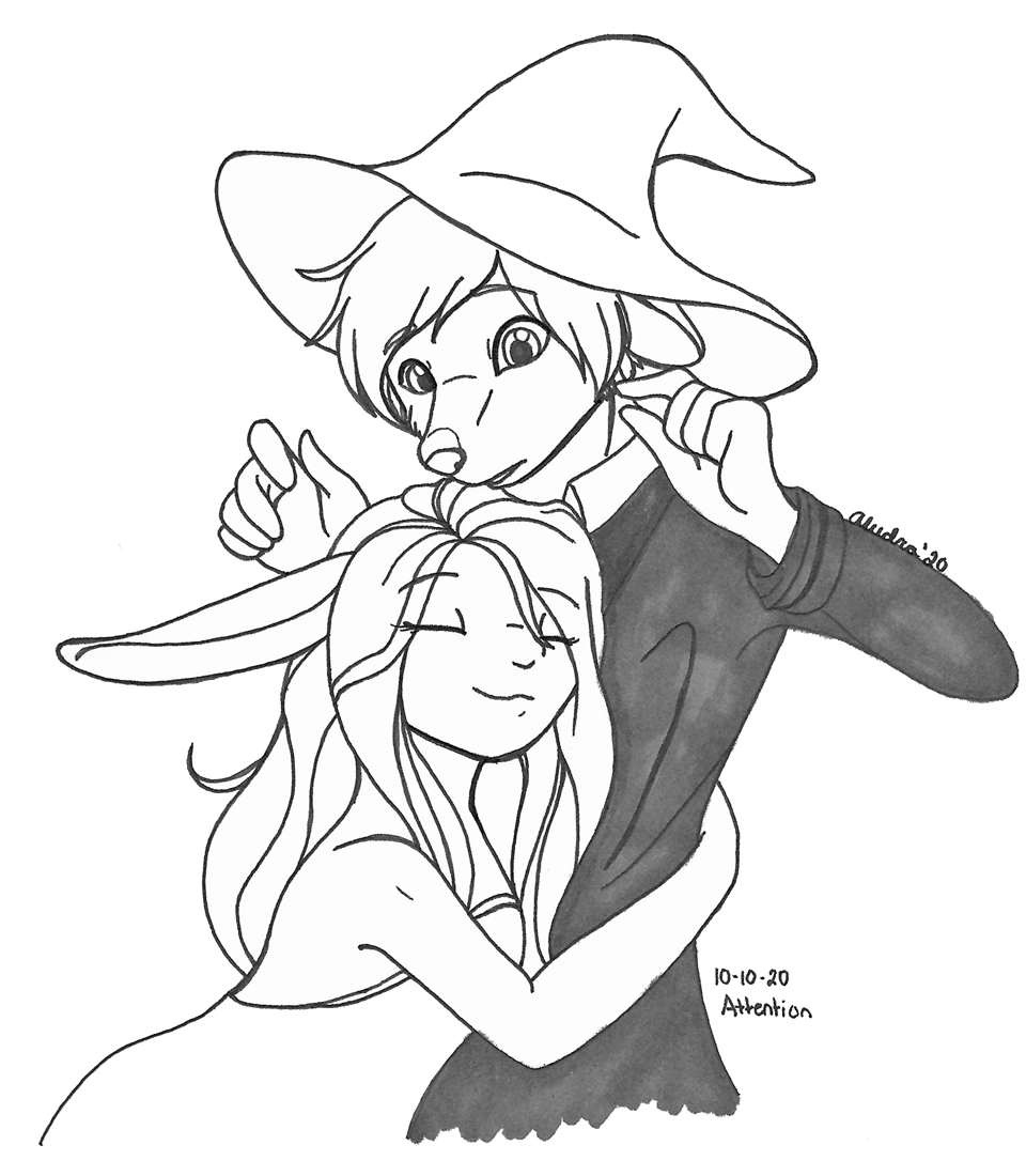 OC-tober art of Evander and Scarlet, with the prompt Attention. Scarlet is overly needy and affectionate, likely following Evander everywhere like a housecat. It's not something Evander is used to, but he'll manage.