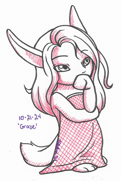 OC-tober art of Scarlet, with the prompt Graze. I rushed this one because I was a few days behind, but I imagine Scarlet grazes on plants from time to time, draining them of their life essence.