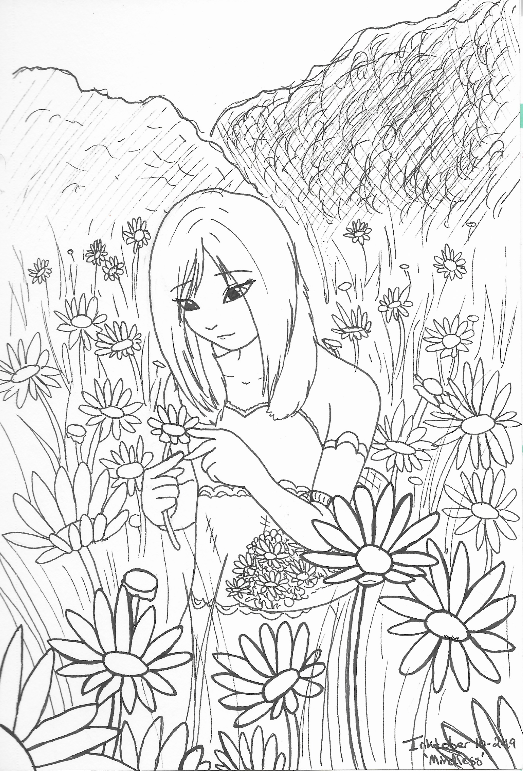 OC-tober art of Sheol, with the prompt Mindless. Sheol keeping her mind off things, and aimlessly picking flowers in a field.