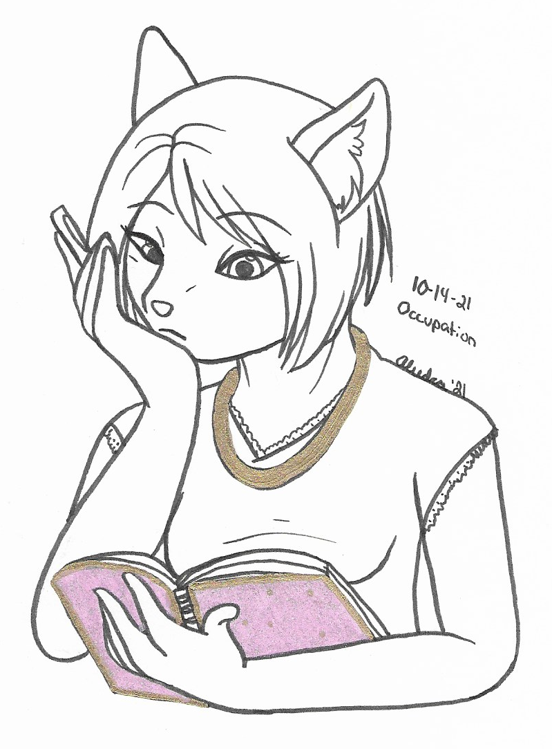 OC-tober art with Sigh staring at her journal, trying to figure out job ideas for Clintz.