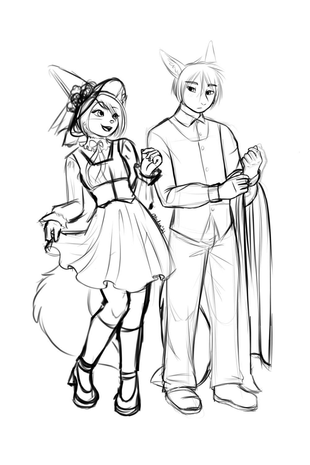 A sketch of Sigh and Clintz getting ready for their first Halloween! Sigh is a cute cottage witch,<br>while Clintz is just making sure his costume fits.