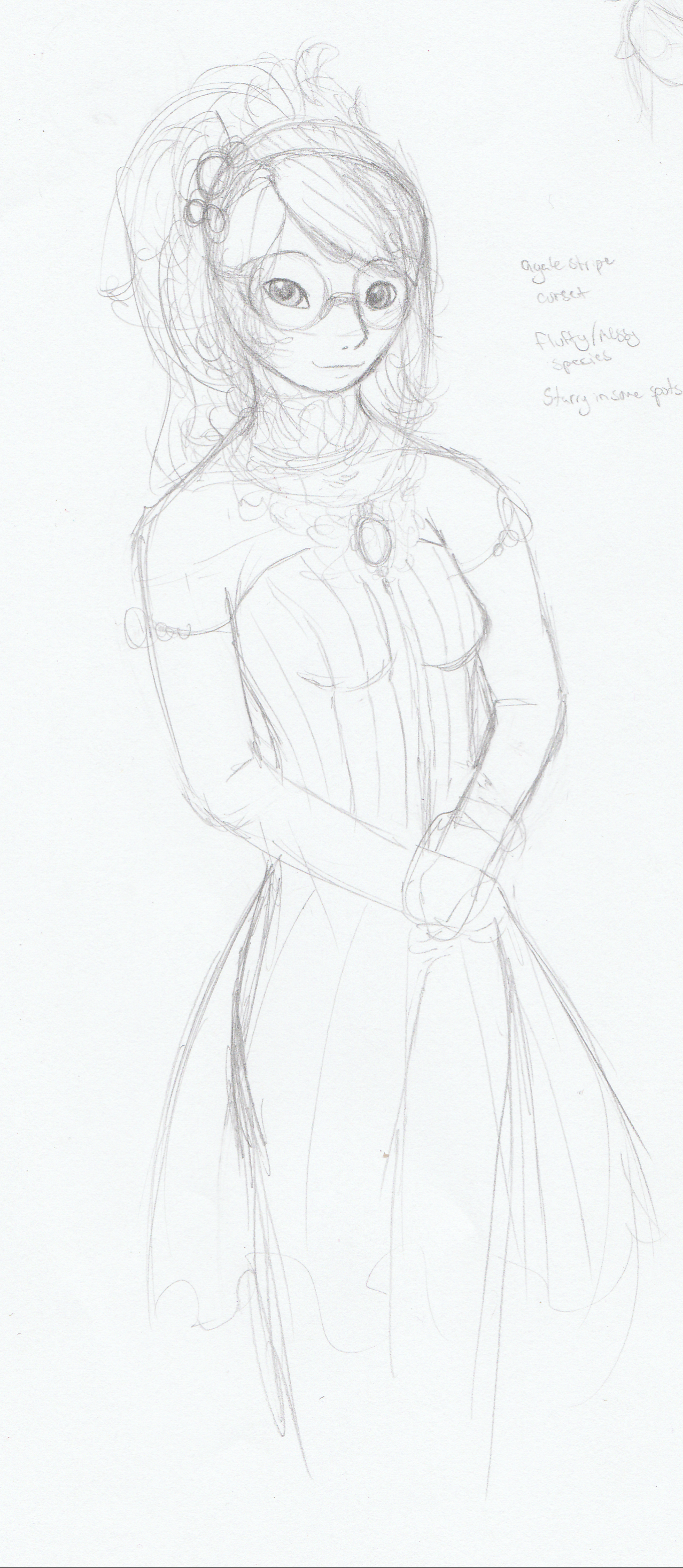 My first concept of Skye, where I wanted to give her an absolute mess of hair, and a delicate corset.
