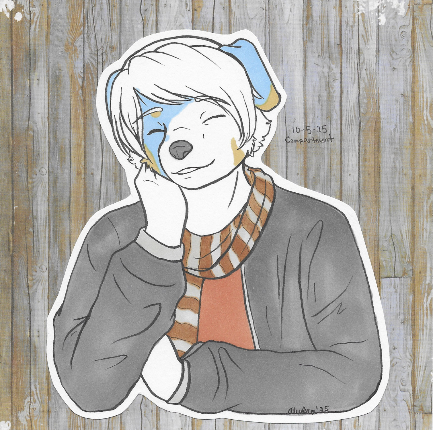 OC-tober art of Thalo, with the prompt Compartment. I imagine with him fixing things, he probably has a lot of storage options, lots of little parts, lots of little compartments.