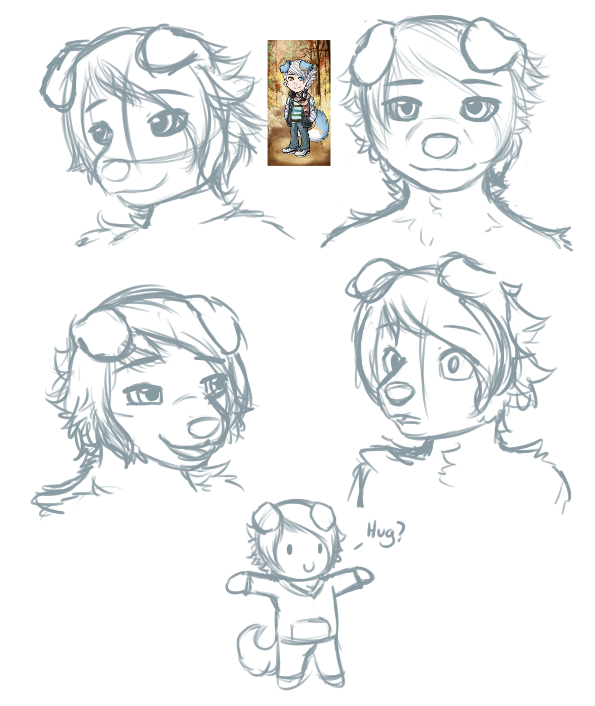 A handful of facial expression concepts for Thalo, with a little chibi of him offering a hug.