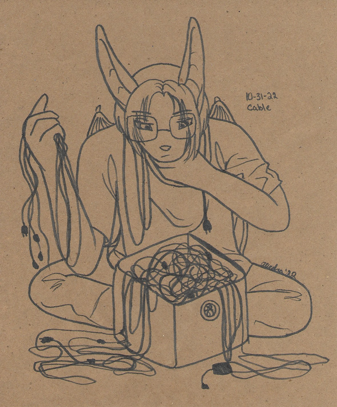 OC-tober art of Todd, with the prompt Cable. Todd knee deep in a junk box of tangled cables, trying to find a specific one.