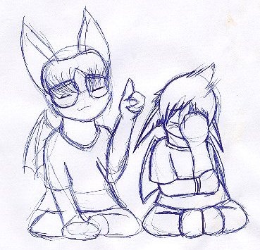 Chibis of Todd and Noku, where Todd was likely telling a dorky joke, hence why Noku is facepalming.