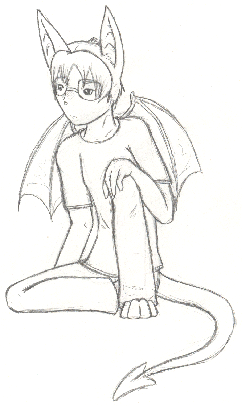 A fullbody pencil sketch of Todd, looking away in embarrassment.