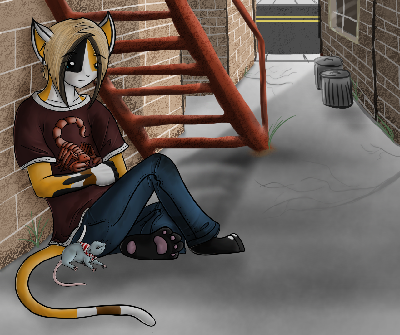 Token sitting in a back alley with his pet rat Rita. This was meant to be for a pet profile layout, hence the empty space on the right.