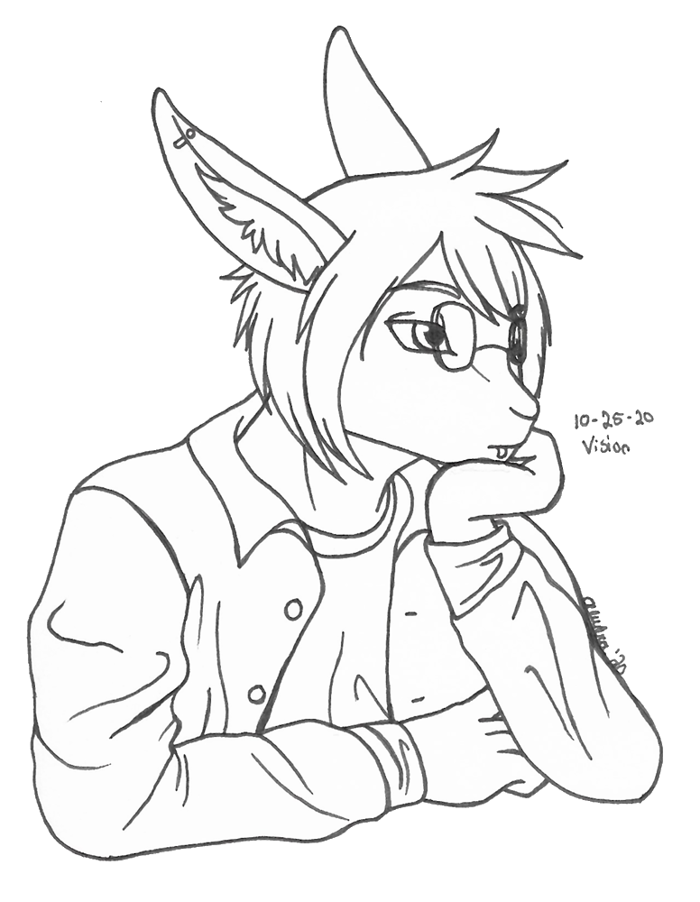 OC-tober art of Val, with the prompt Vision. Val caught in a moment of thought about his past, his self consciousness about his appearance, an emotion he typically tries to mask.