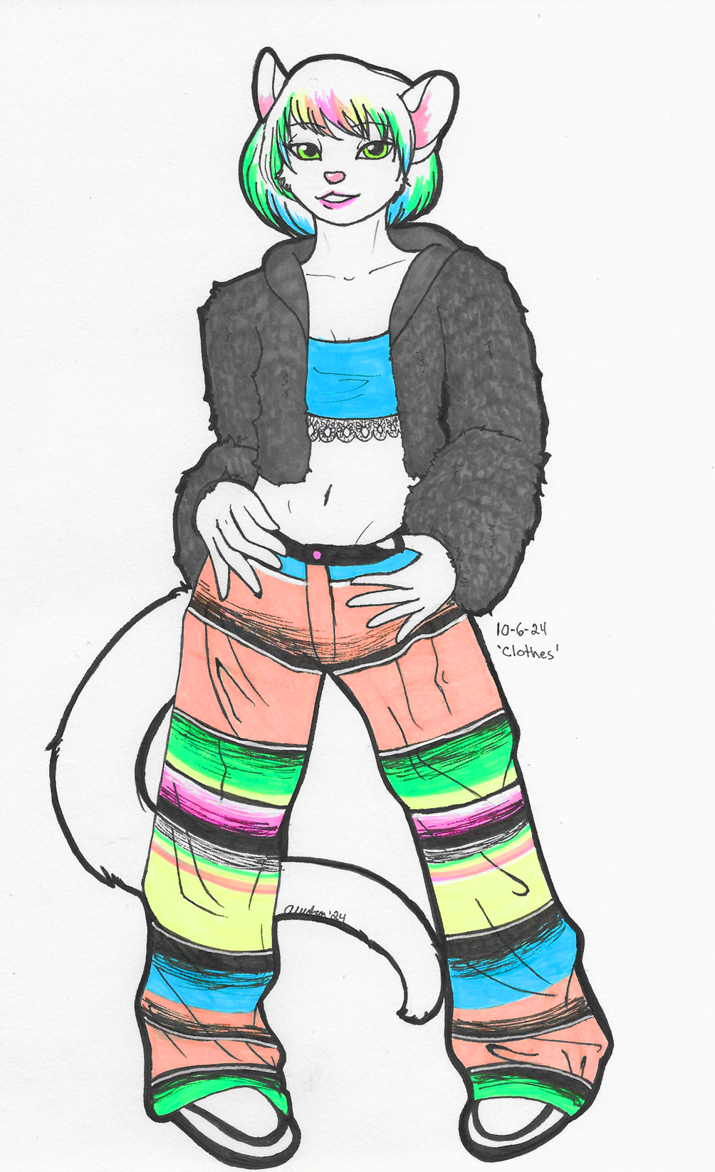 OC-tober art of Vivian, with the prompt Clothes. Vivian wearing another ensemble of strange quirky clothing, with wildly dyed hair tips.