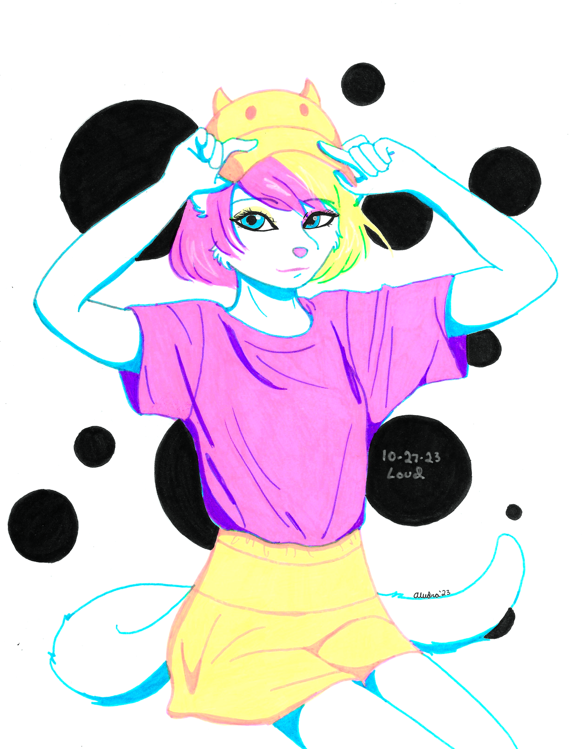 OC-tober art of Vivian, with the prompt Loud. It was really fun coloring this with highlighters, which are a pretty loud medium to use in my opinion. The scanner didn't pick them up well, but believe me, this picture is blinding.