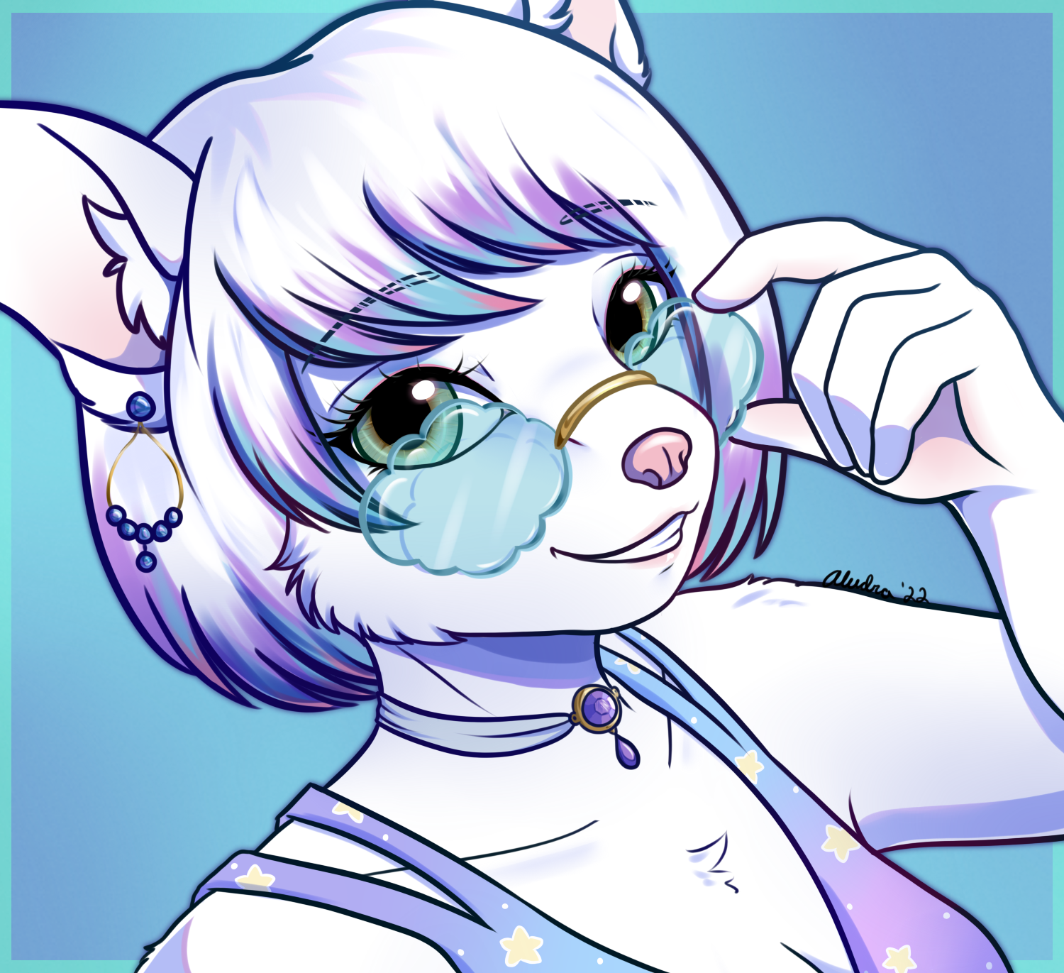 A gorgeous headshot of Vivian, with her hair dyed, wearing a series of quirky yet matching accessories.