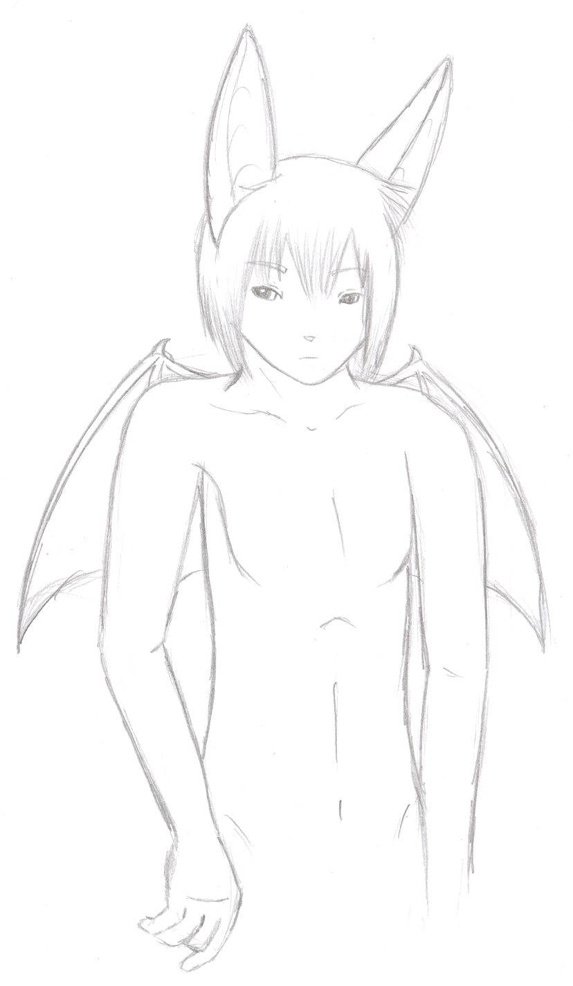 A pencil sketch of Wes without clothing, and even though nothing's showing, he still isn't too happy about it.