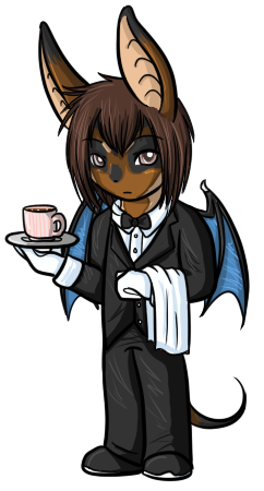 A chibi Wes, serving up a cup of coffee as either a bellboy or a butler.