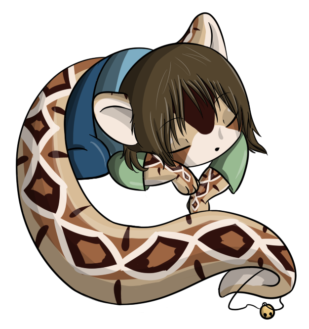 A chibi of a very sleepy Wren, showing off her snake-like markings on her tail.