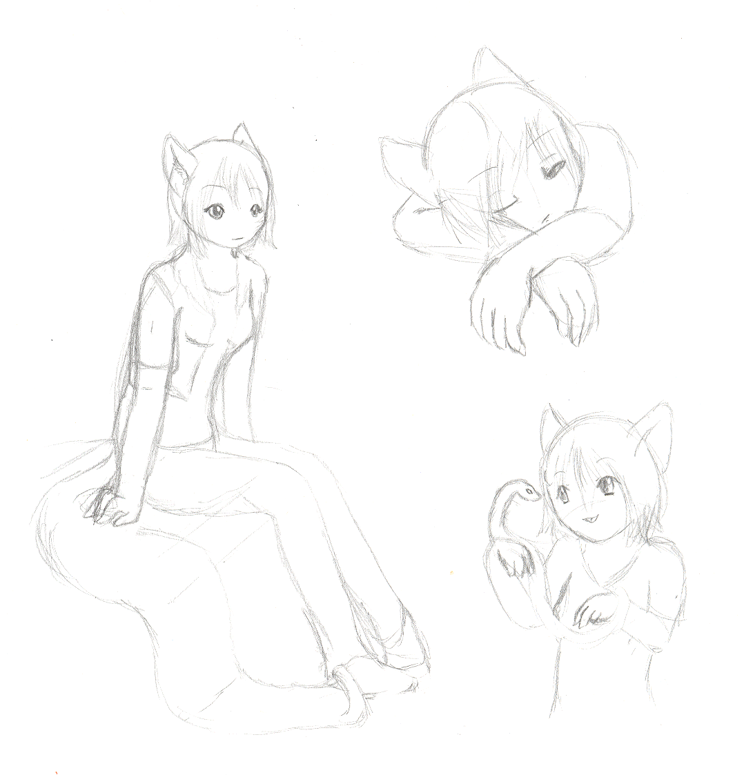 My first concepts of Wren, where I gave her her affinity for snakes and sleepiness.