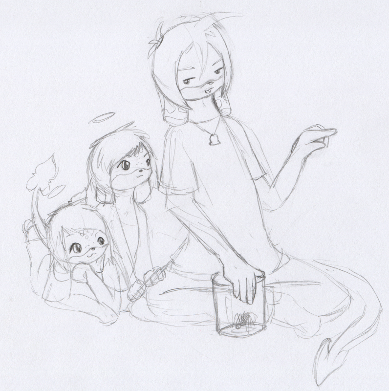 One of Yuki's last drawings in relation to his first ex. They actually had two twin children together, one went to me, one went to my old friend. This was Yuki showing the kids how to scare an early version of Pique with bugs.