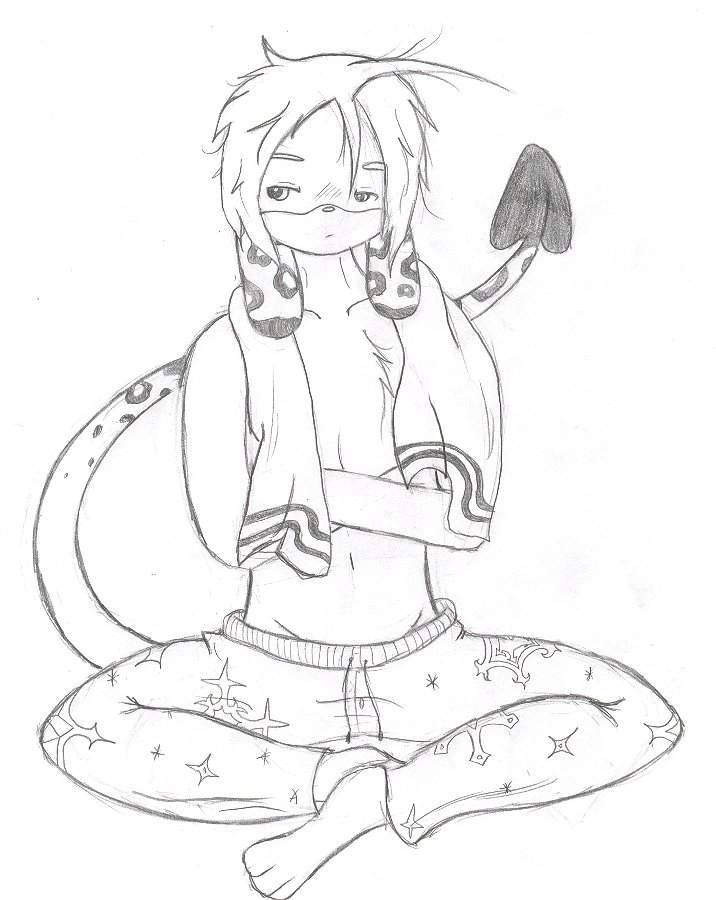A grumpy fluffed up Yuki after a shower, in snowflake pajamas.