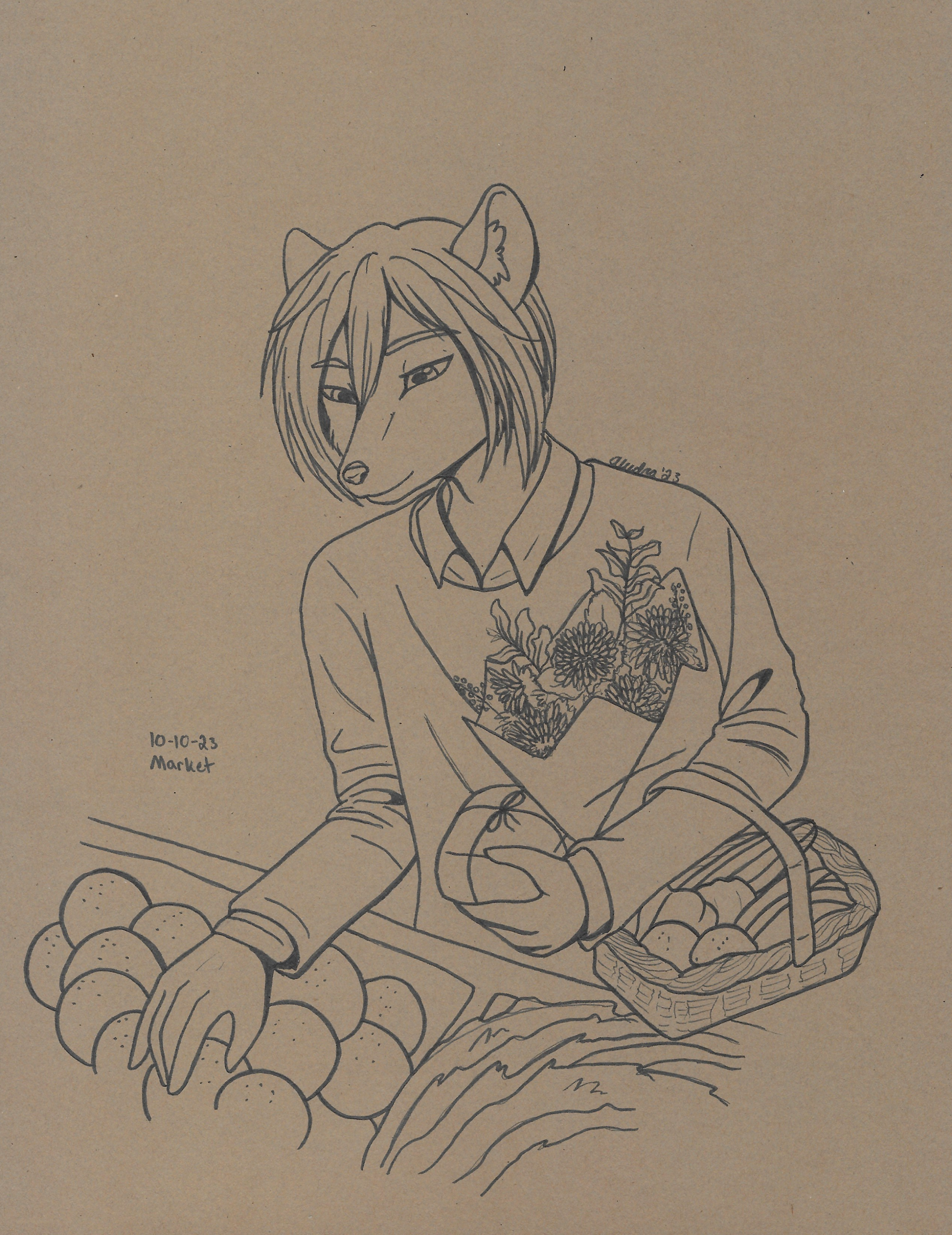OC-tober art of Yurik, with the prompt Market. I imagine him going to his local farmer's market, gathering up items and such for those who request it but can't get out to go shopping.