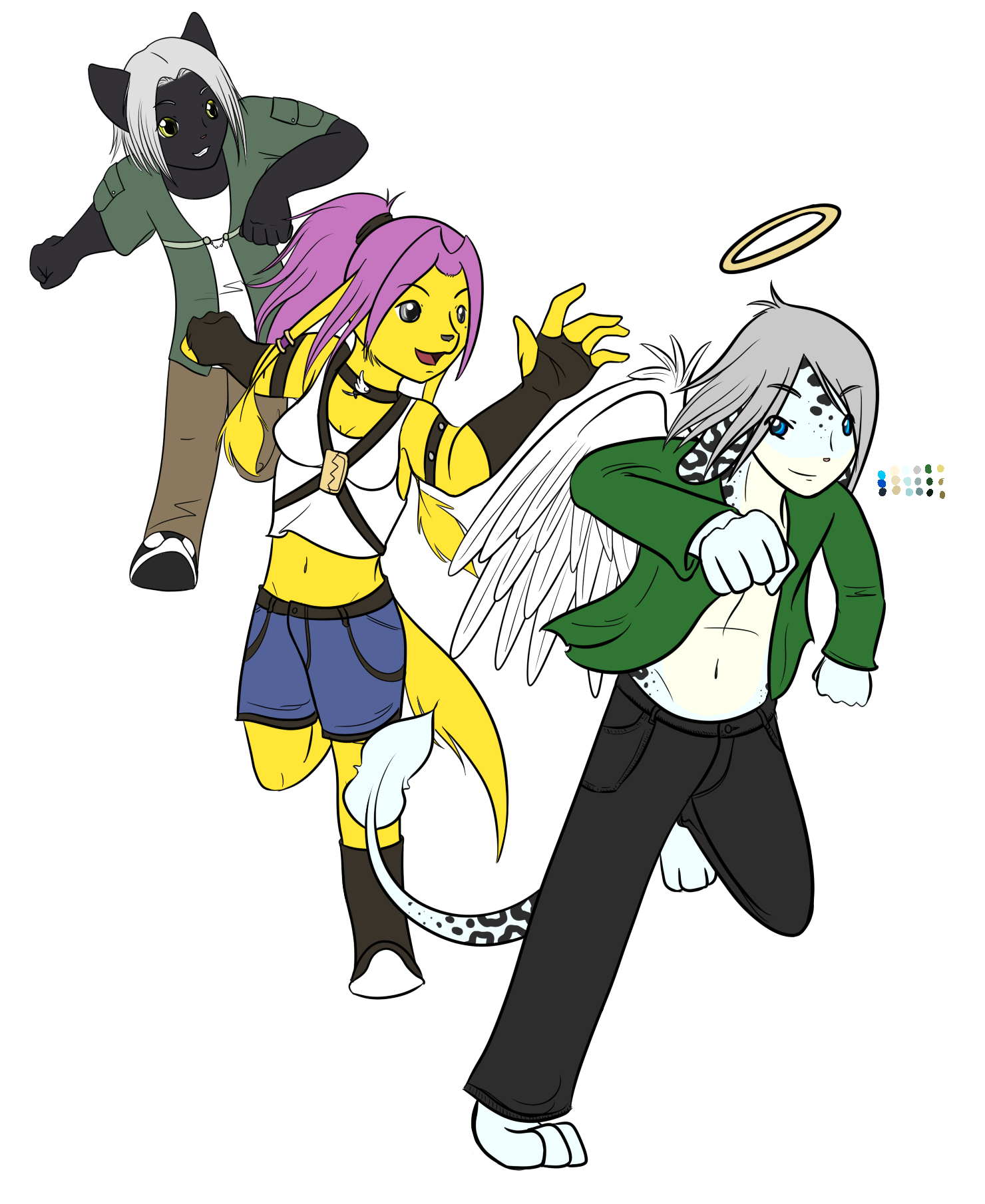 A fun but unfinished piece with Zak running in the front, his ex that a friend owned right behind him in attempt to catch him, and an old design of my character Orion tagging behind.