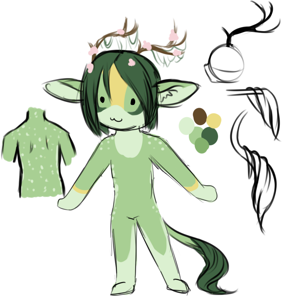 A scribbly concept of Zenith to show off his early spring green colors, and delicate horns with bits of moss and flowers hanging from them.